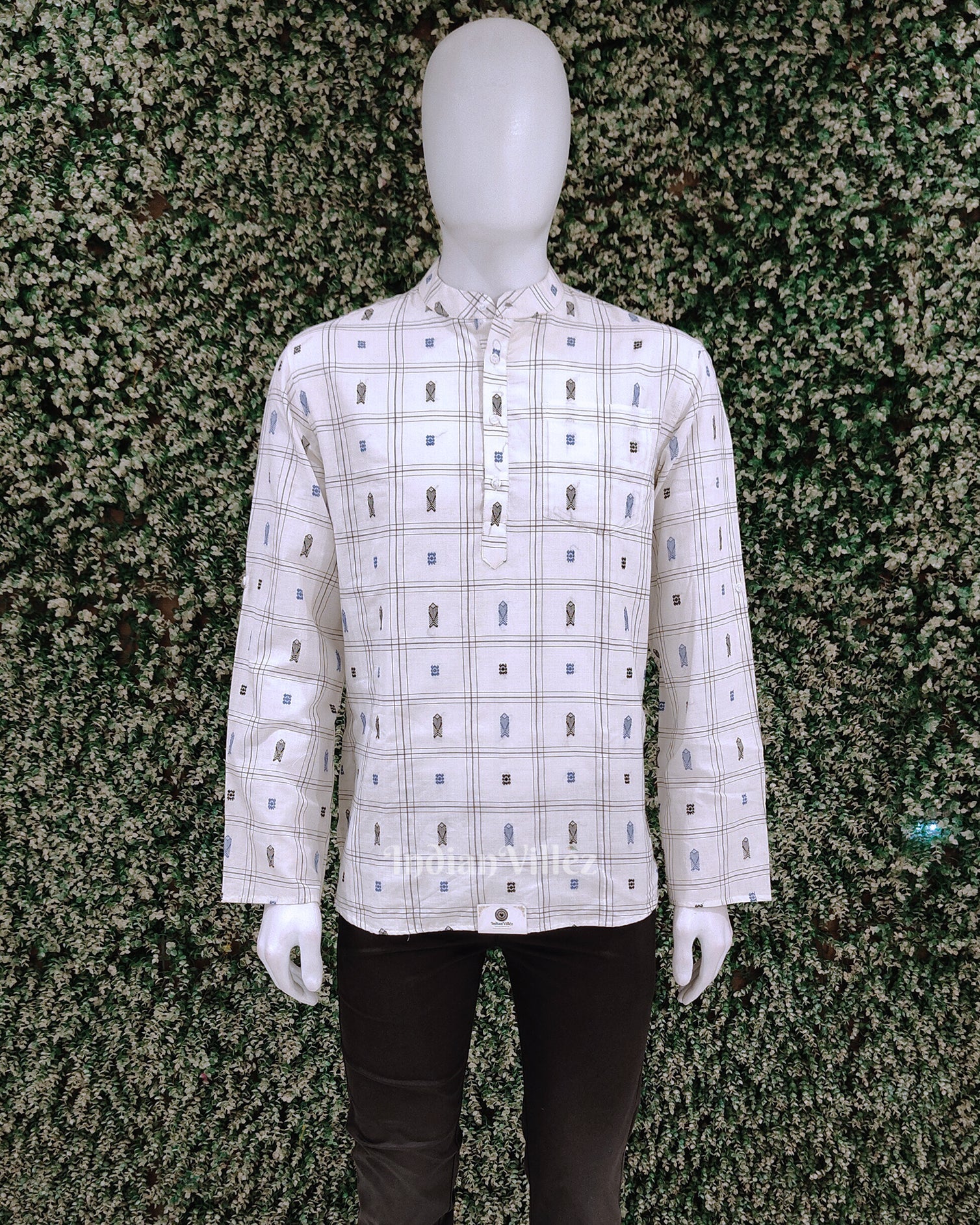 IndianVillèz White Fish Motif Odisha Ikat Cotton Kurta for Men
