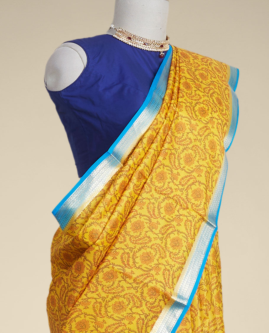 Pothys Yellow floral vine design printed silk saree with contrast striped zari border