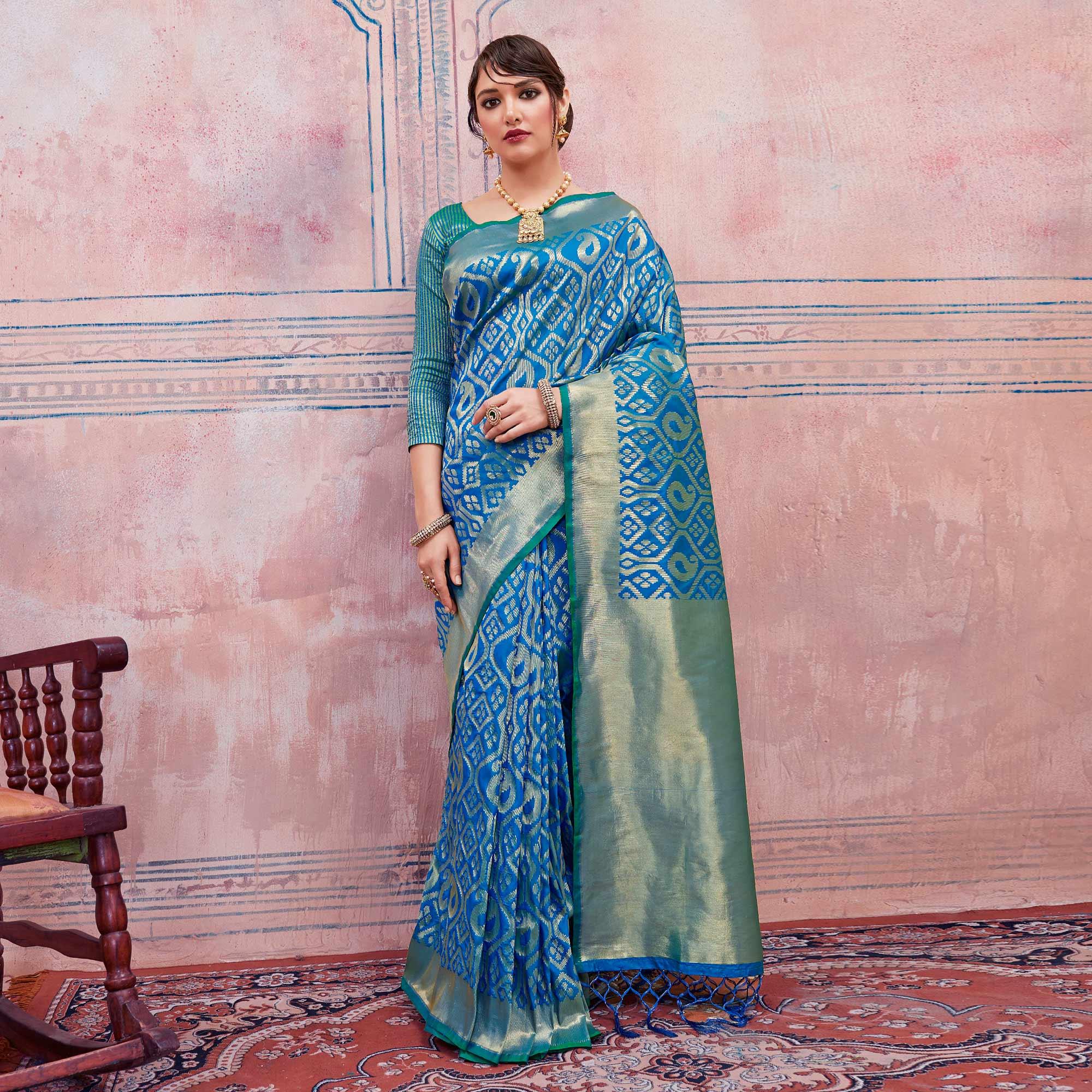 Peachmode Classy Turquoise Blue Colored Festive Wear Silk Saree