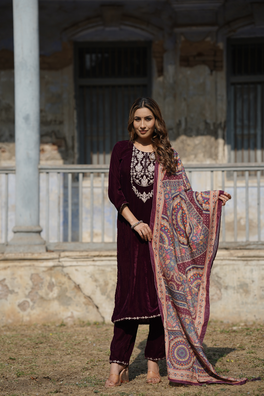 Ahika Burgundy Velvet Straight Kurta Pant With Dupatta PKSKD1766 - view 2