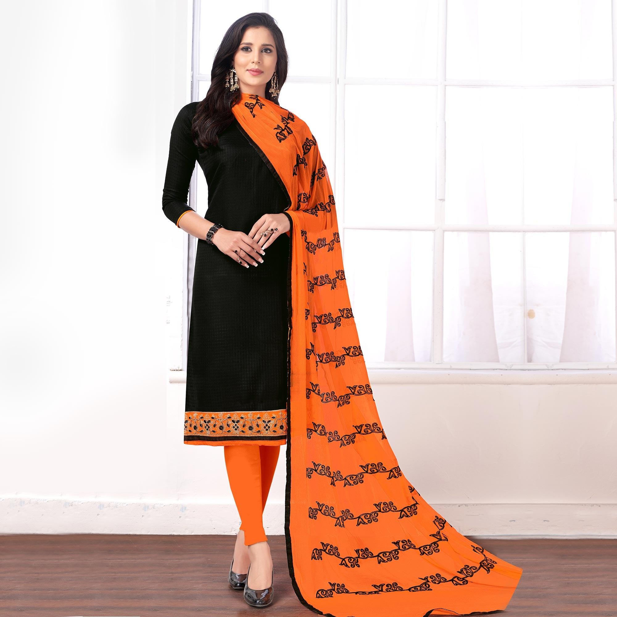Peachmode Flaunt Black Colored Partywear Embroidered Cotton Suit