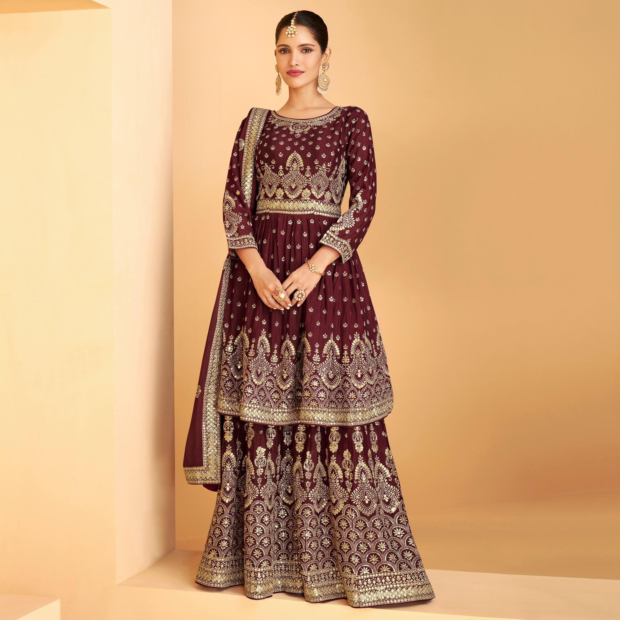 Peachmode Seller Maroon Sequins Embroidered Georgette Sharara Suit - view 2