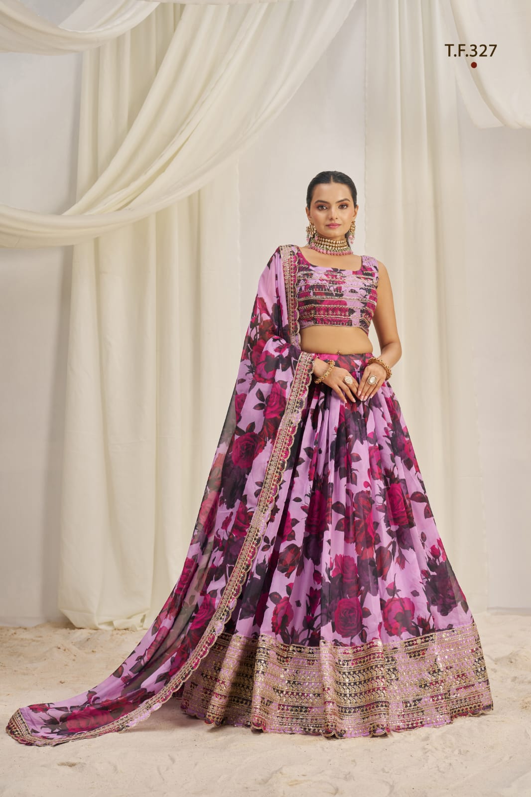 ClothsVilla Baby Pink Printed Organza Semi-Stitch Lehenga Choli with Zari, Dori, and Sequins Work