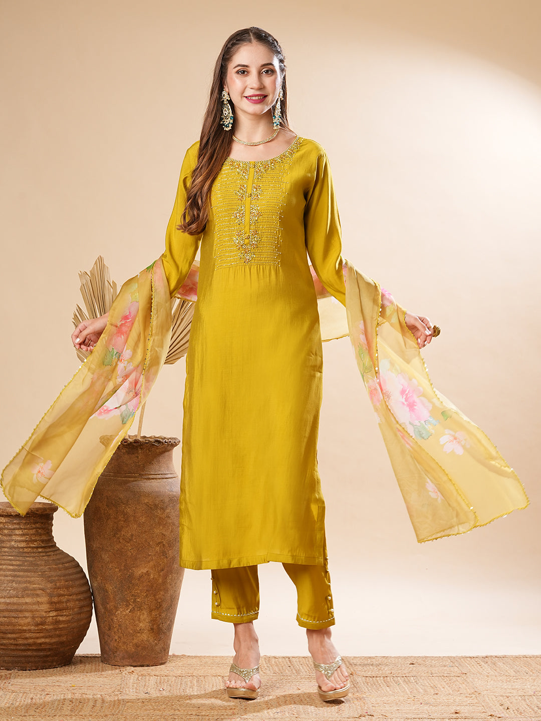 Fashor Solid Zardozi & Stone Embroidered Kurta with Pants & Floral Dupatta - Lime Green - view 2