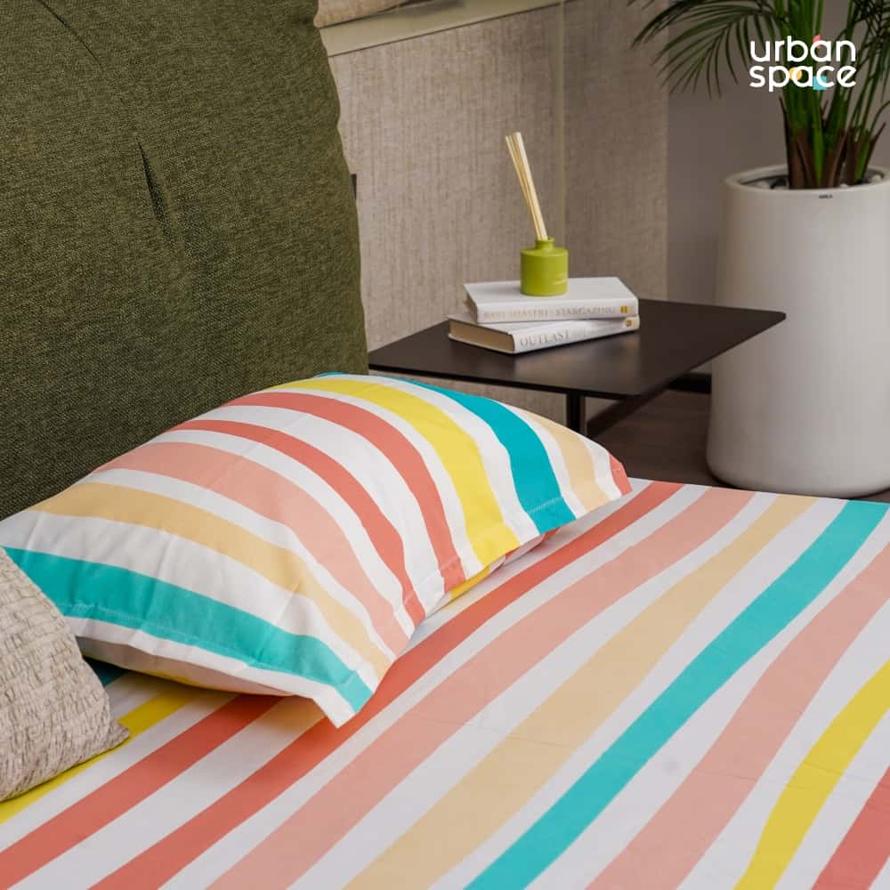 Urban Space -Home Furnishing Store Serene Collection - Breathable 200 TC 100% Pure Cotton Bedsheet with Pillow Cover, MultiColour Stripes-Pastel - view 2