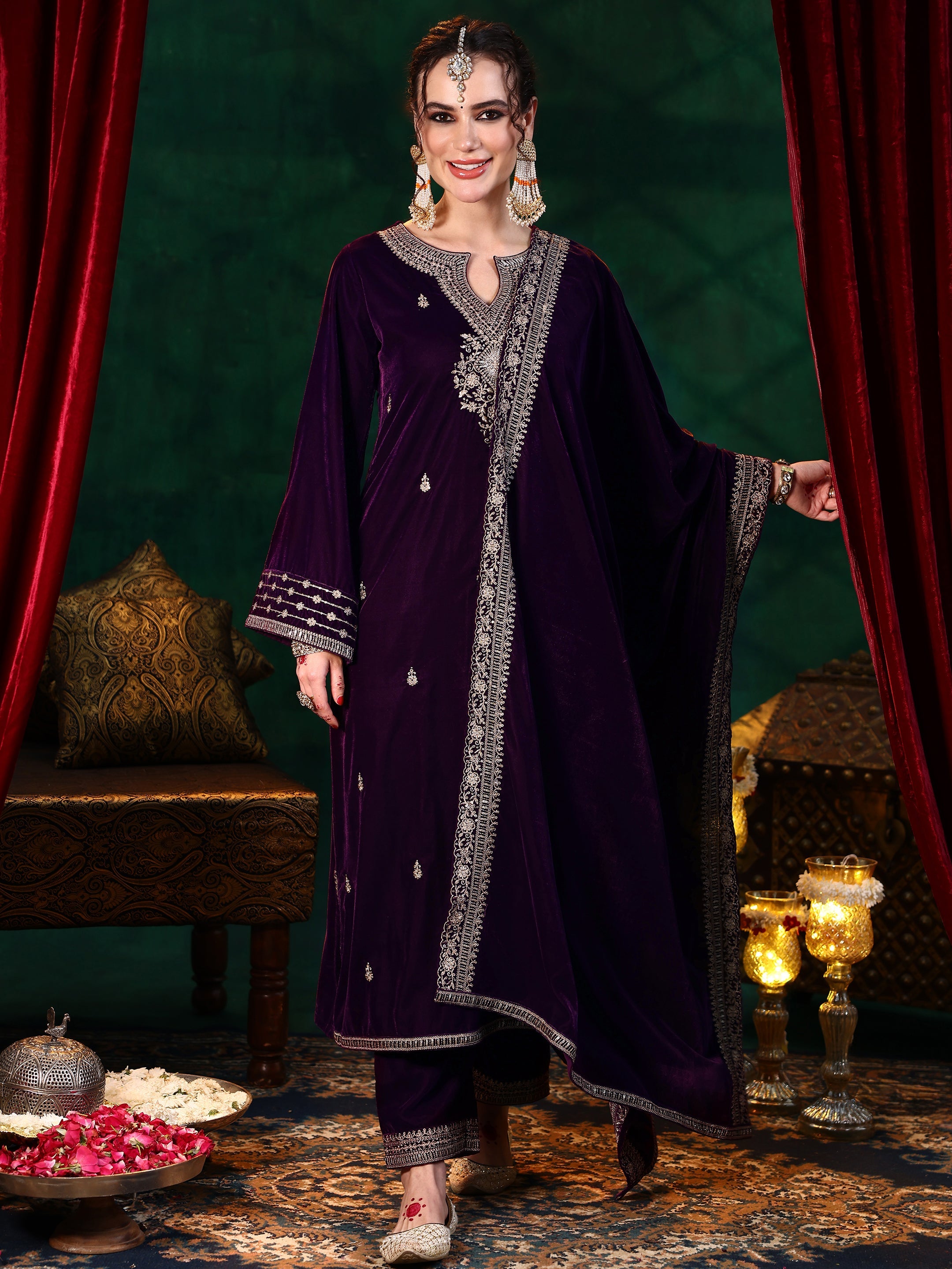 Libas Burgundy Embroidered Velvet Straight Suit With Dupatta