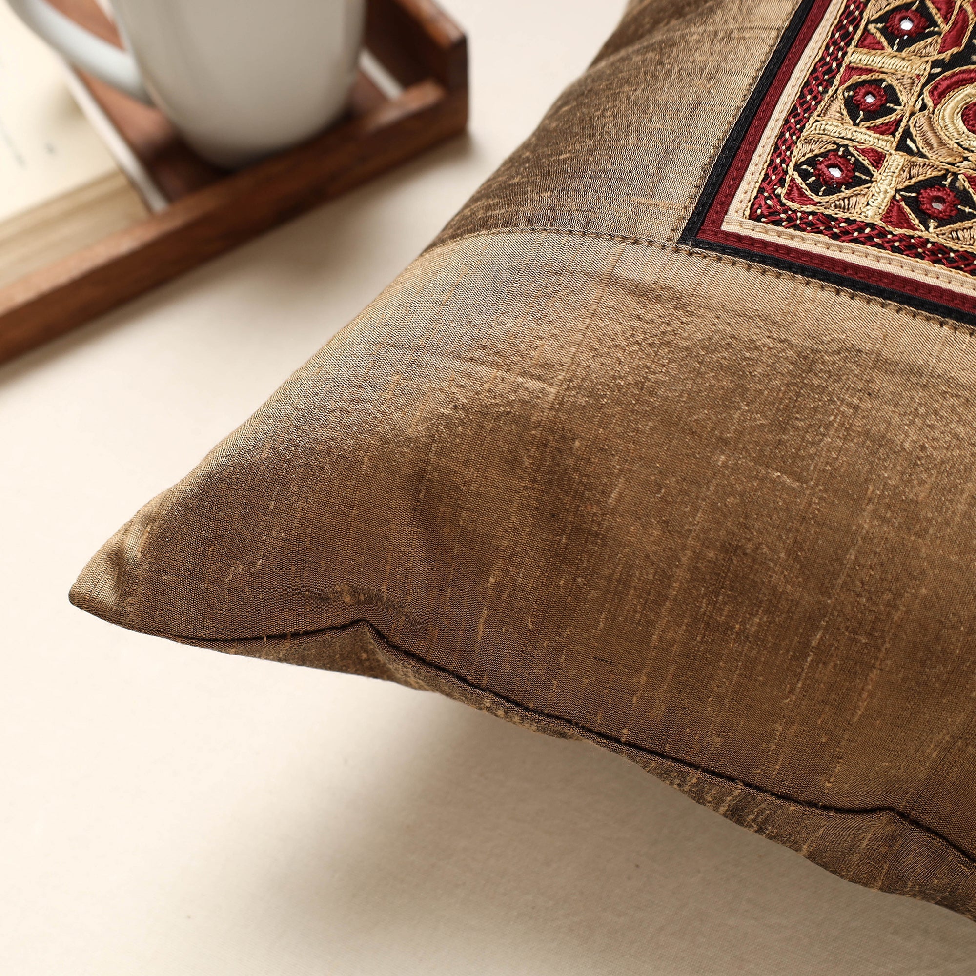 QASAB Brown - Kutch Pakko Hand Embroidery Silk Cushion Cover (16 x 16 in) - view 2