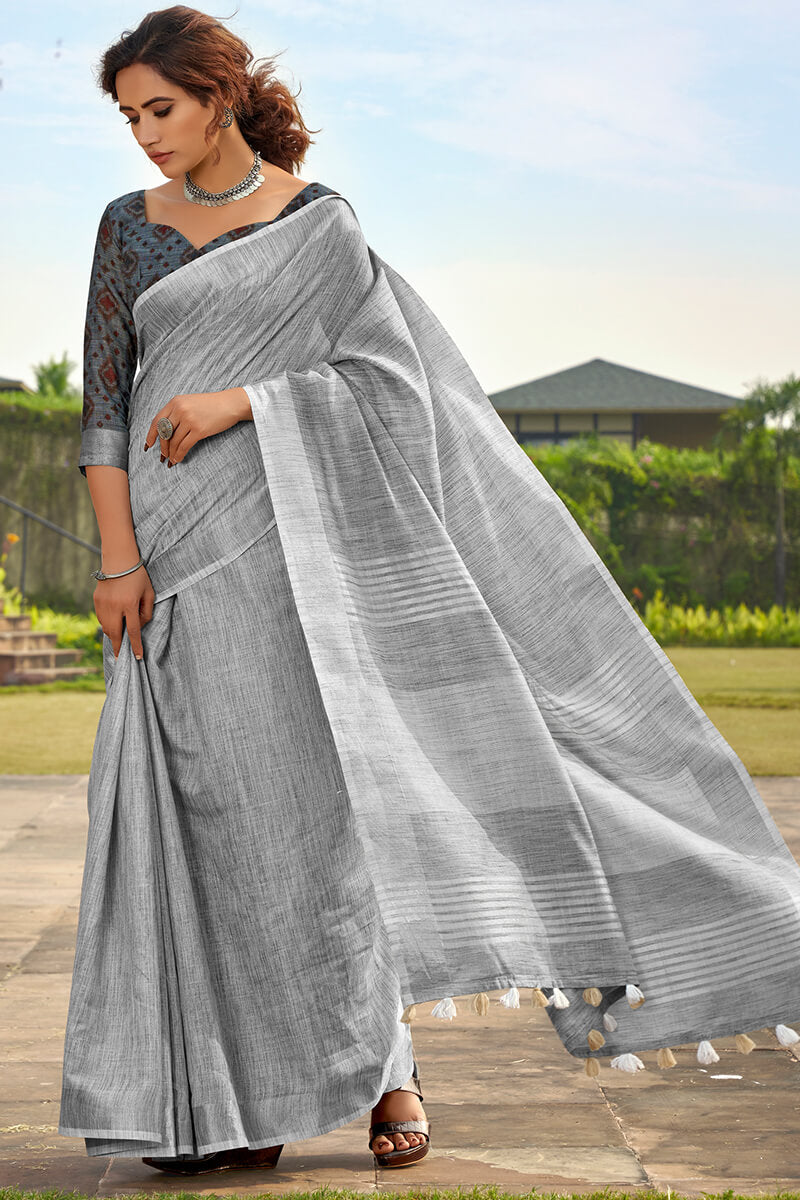 Rajpath Brood Grey Cotton Silk Saree With Incredible Blouse Piece