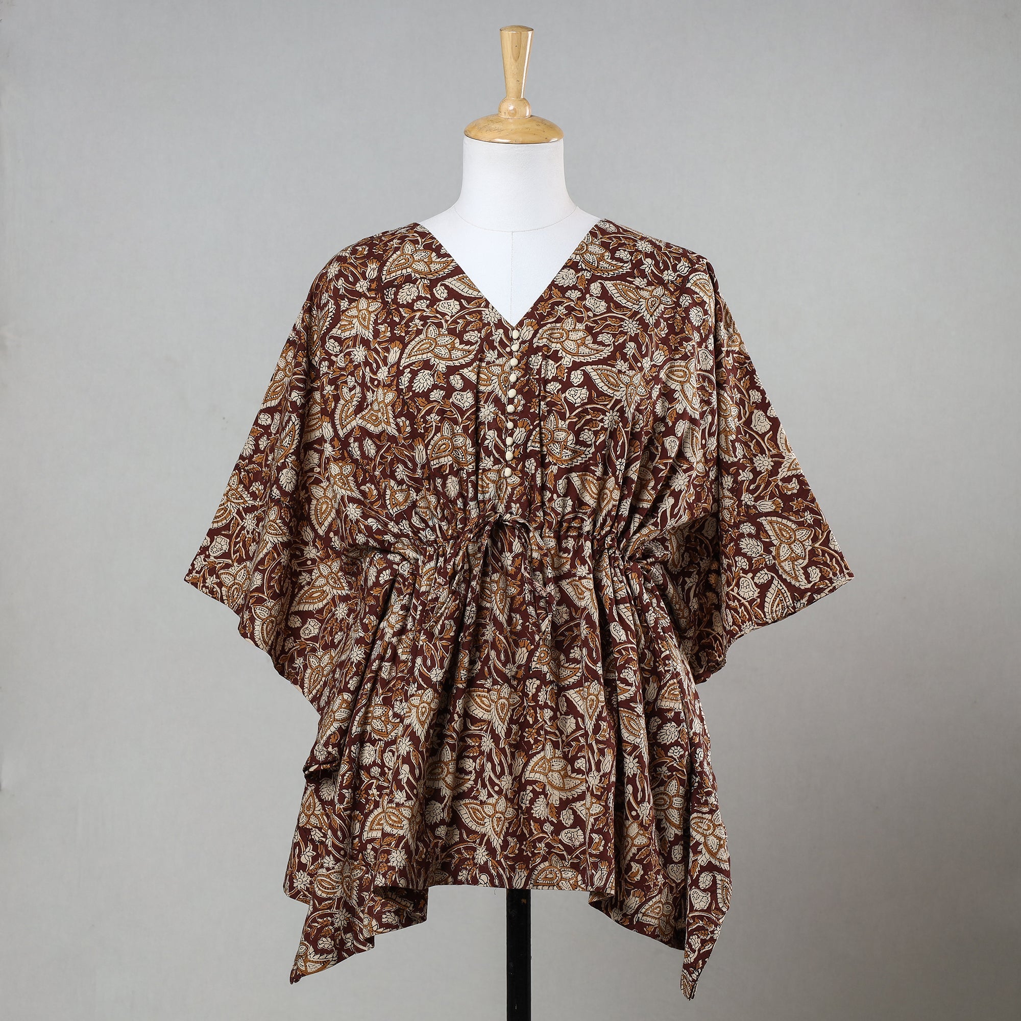 ITOKRI CASUALS Brown - Bagru Block Printed Cotton Kaftan with Tie-Up Waist (Short)