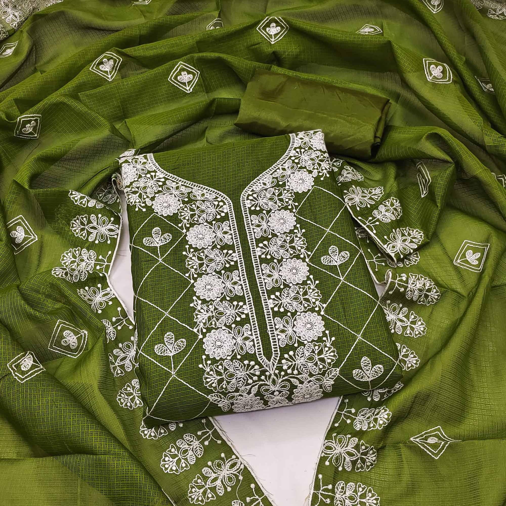 Peachmode Mehendi Green Embroidered Kota Doria Dress Material