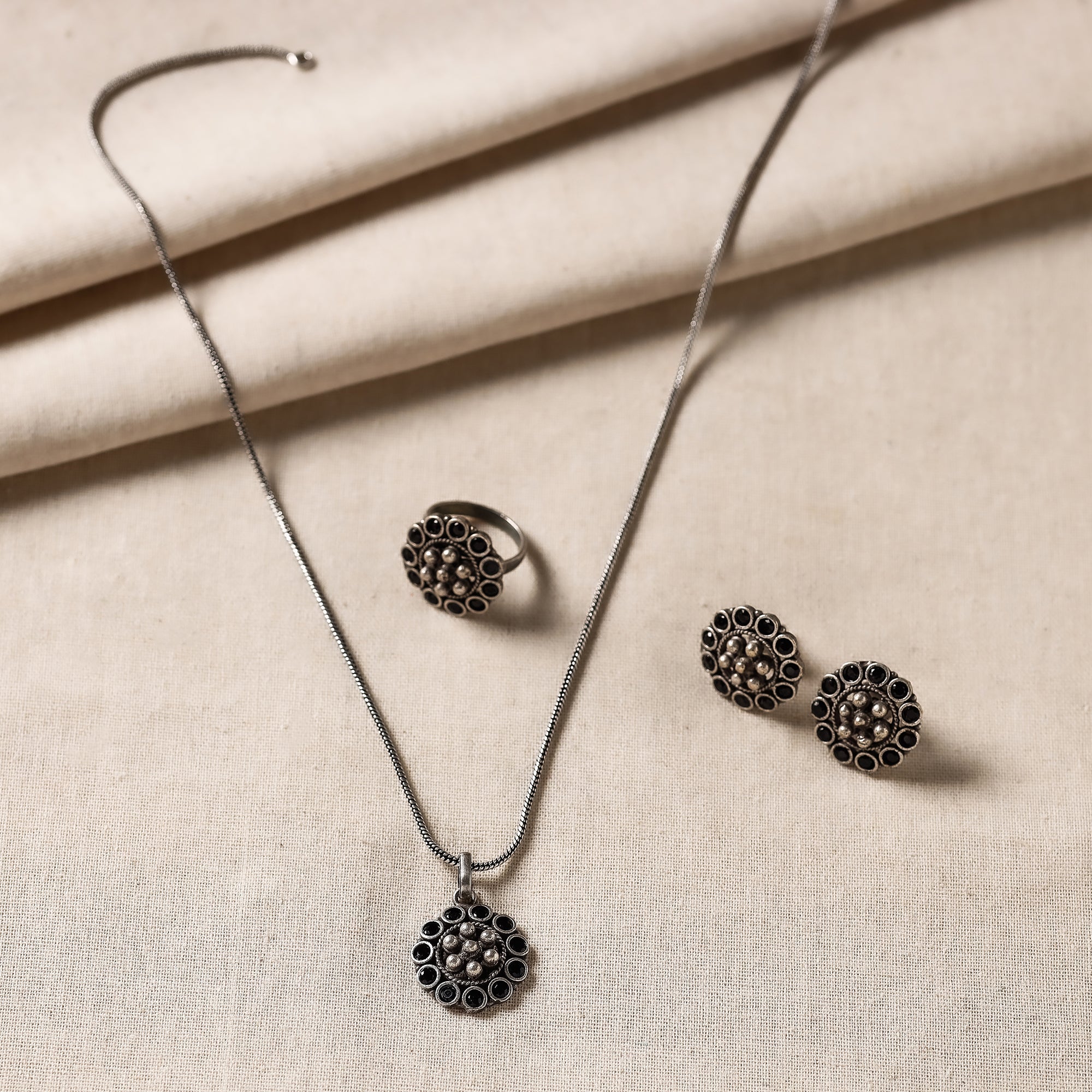 WHITE RIVER STORIES Antique Silver Finish Oxidised Brass Base Stone Work Necklace Set with Ring - view 2