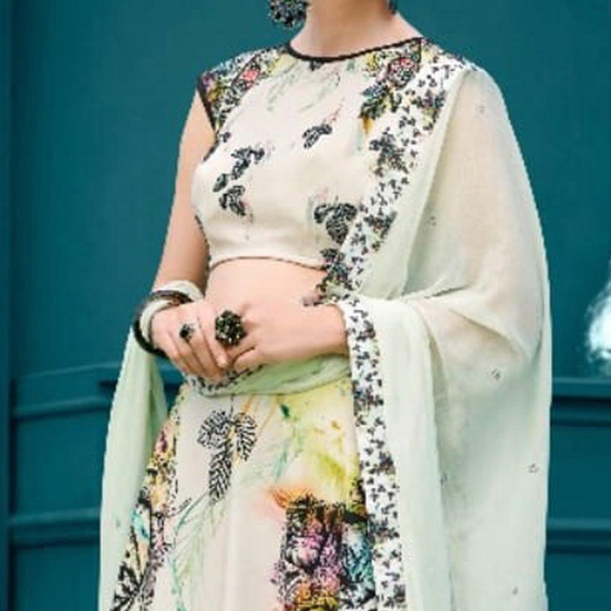 Peachmode Charming Off-White Colored Designer Partywear Digital Printed Silk Lehenga Choli - view 2
