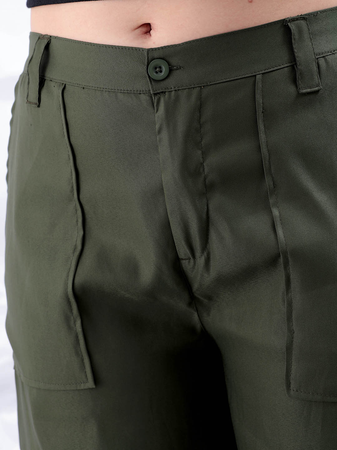 Freehand by The Indian Garage Co Women's Green Flare Solid Elasticated Cargo Trouser - view 4