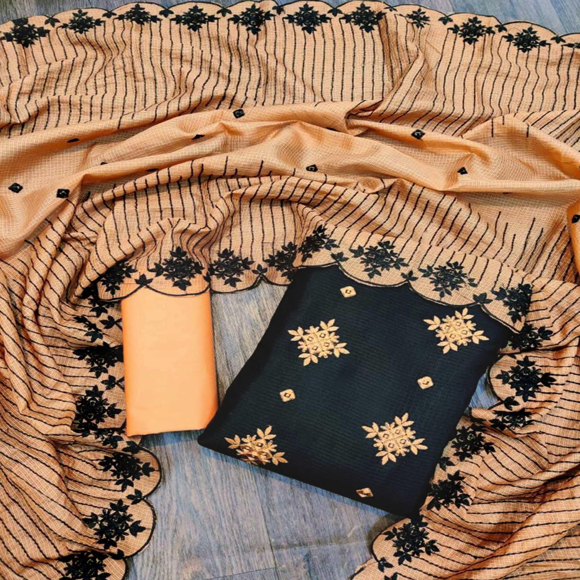 Peachmode Classy Black - Orange Colored Casual Wear Embroidered Kota Chex Dress Material