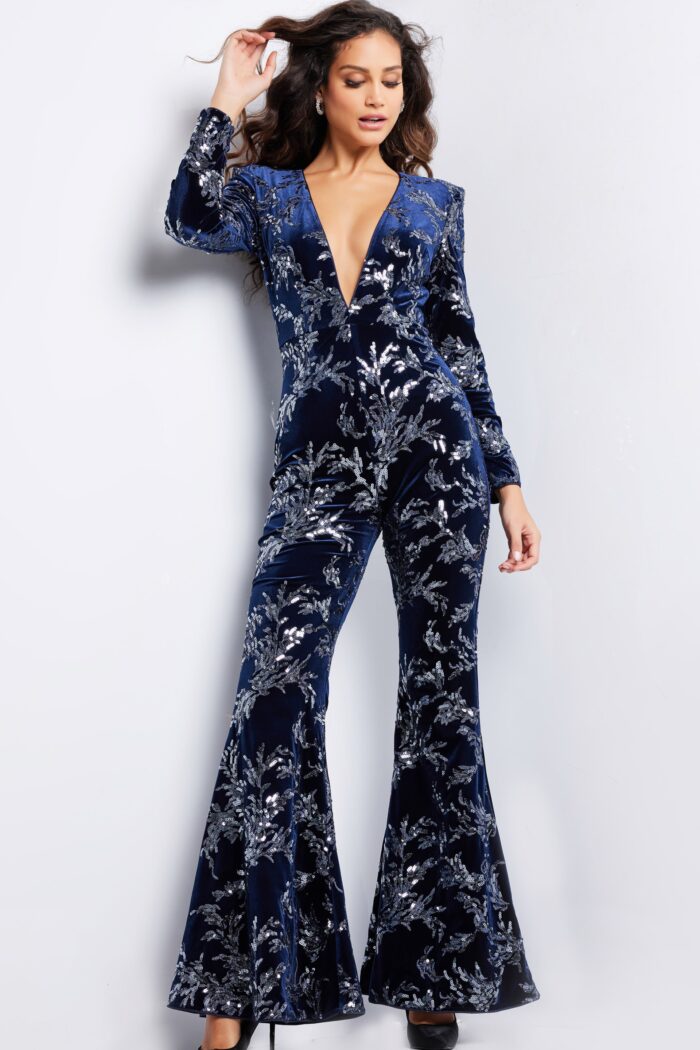 Jovani 23708 Long Beaded Formal Velvet Jumpsuit - view 3