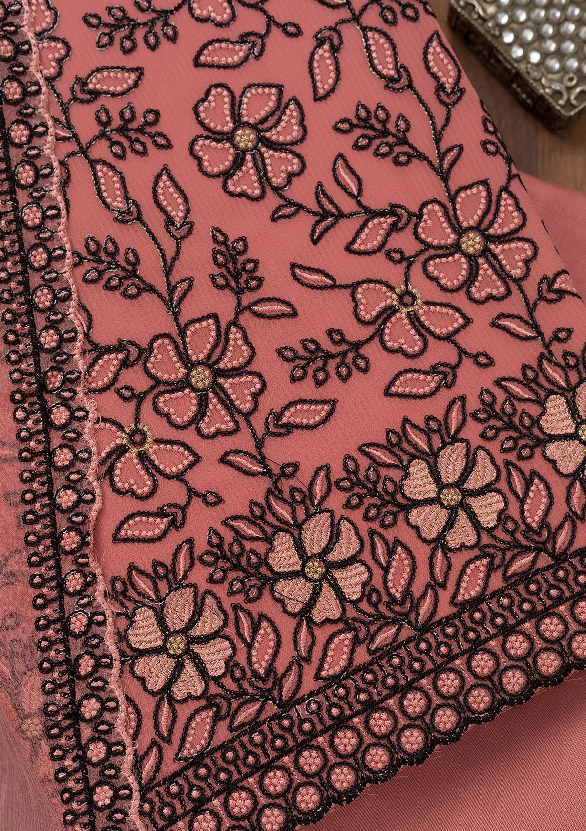 Koskii Peach Threadwork Georgette Unstitched Salwar Suit - view 2