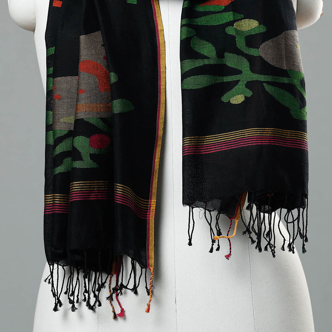 ALANKRITA Black - Jamdani Handloom Cotton Stole with Tassels - view 3