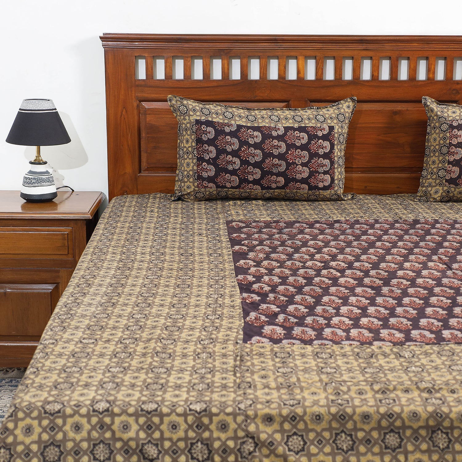 HAVELI CHRONICLES Brown - Ajrakh Patch Tukdi Kaam Cotton Double Bed Cover with Pillow Covers (109 x 86 in) - view 2