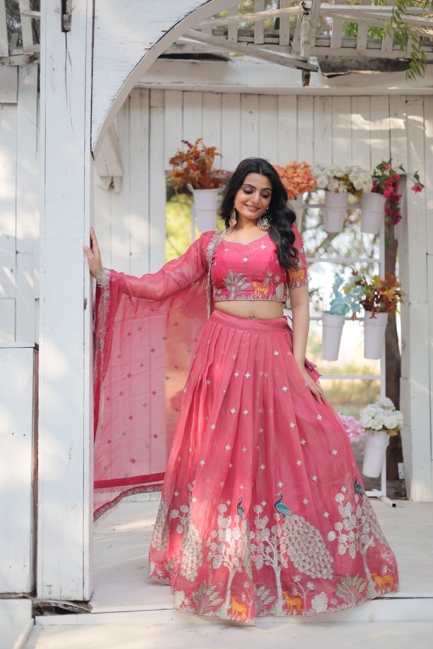 ClothsVilla Pink Elegant Gold Coin Lehenga Choli with Sequins & Thread Embroidery - view 2