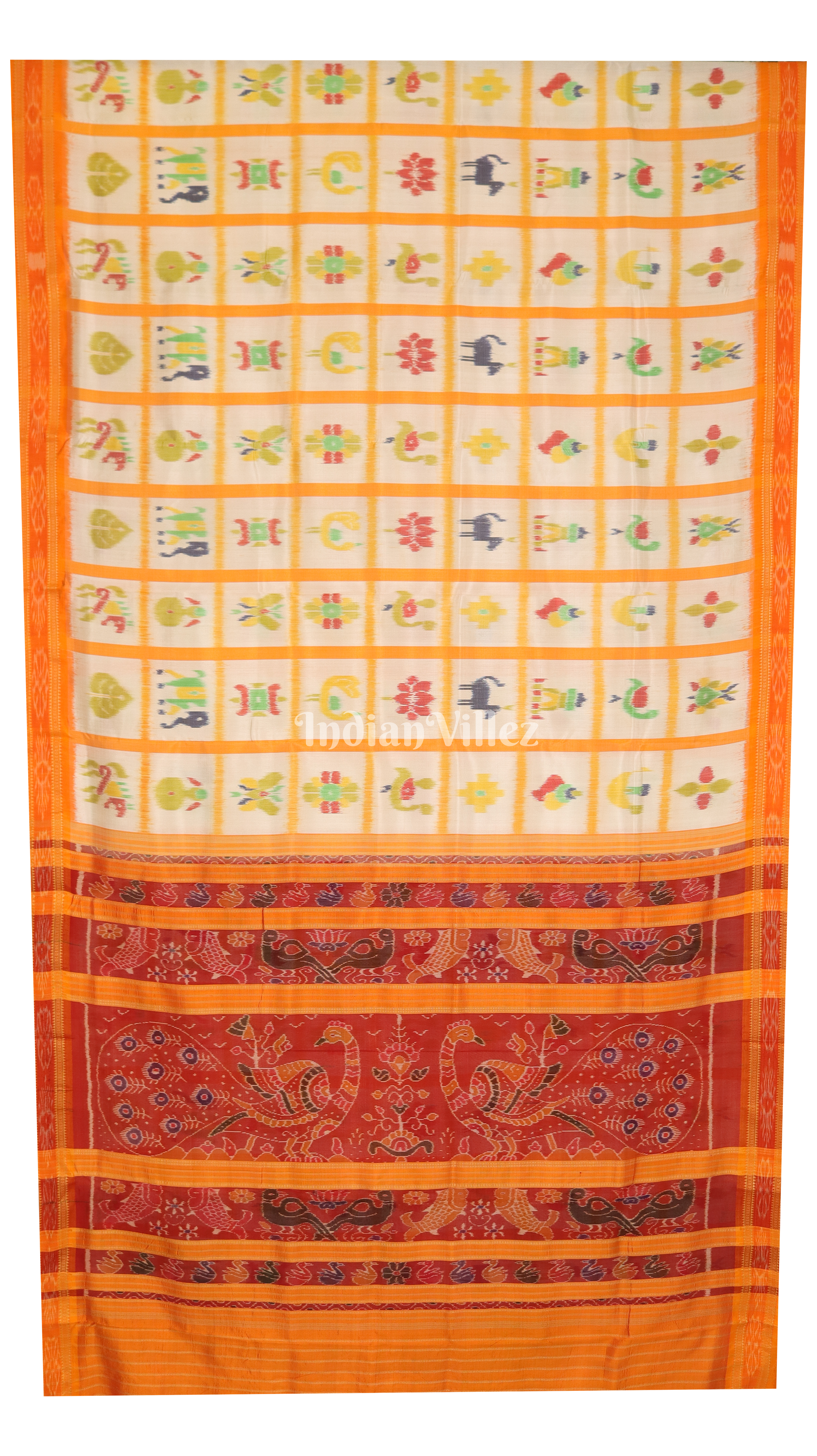 IndianVillèz White Yellow Nabakothi Khandua Silk Saree