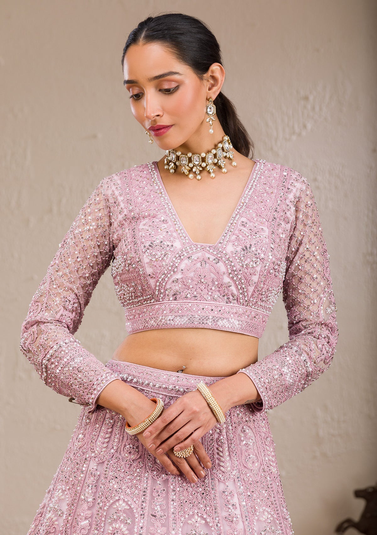 Koskii Pink Pearlwork Net Readymade Lehenga – Women's - view 2