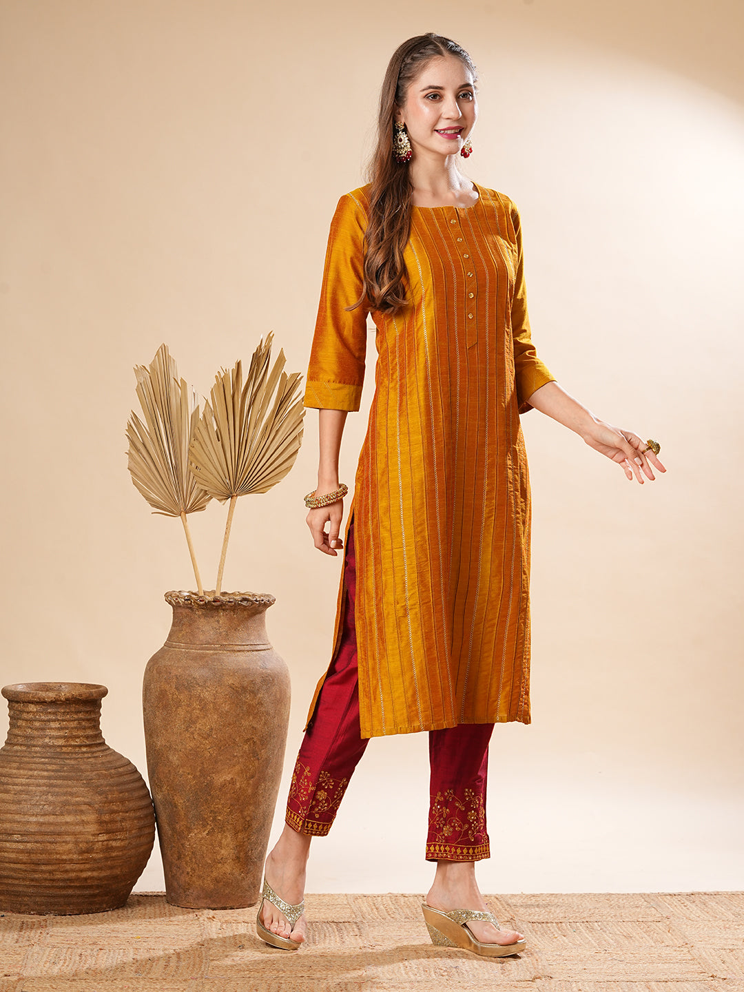Fashor Solid Pin-Tucks Kurta with Resham & Sequins Embroidered Pants - Mustard - view 5