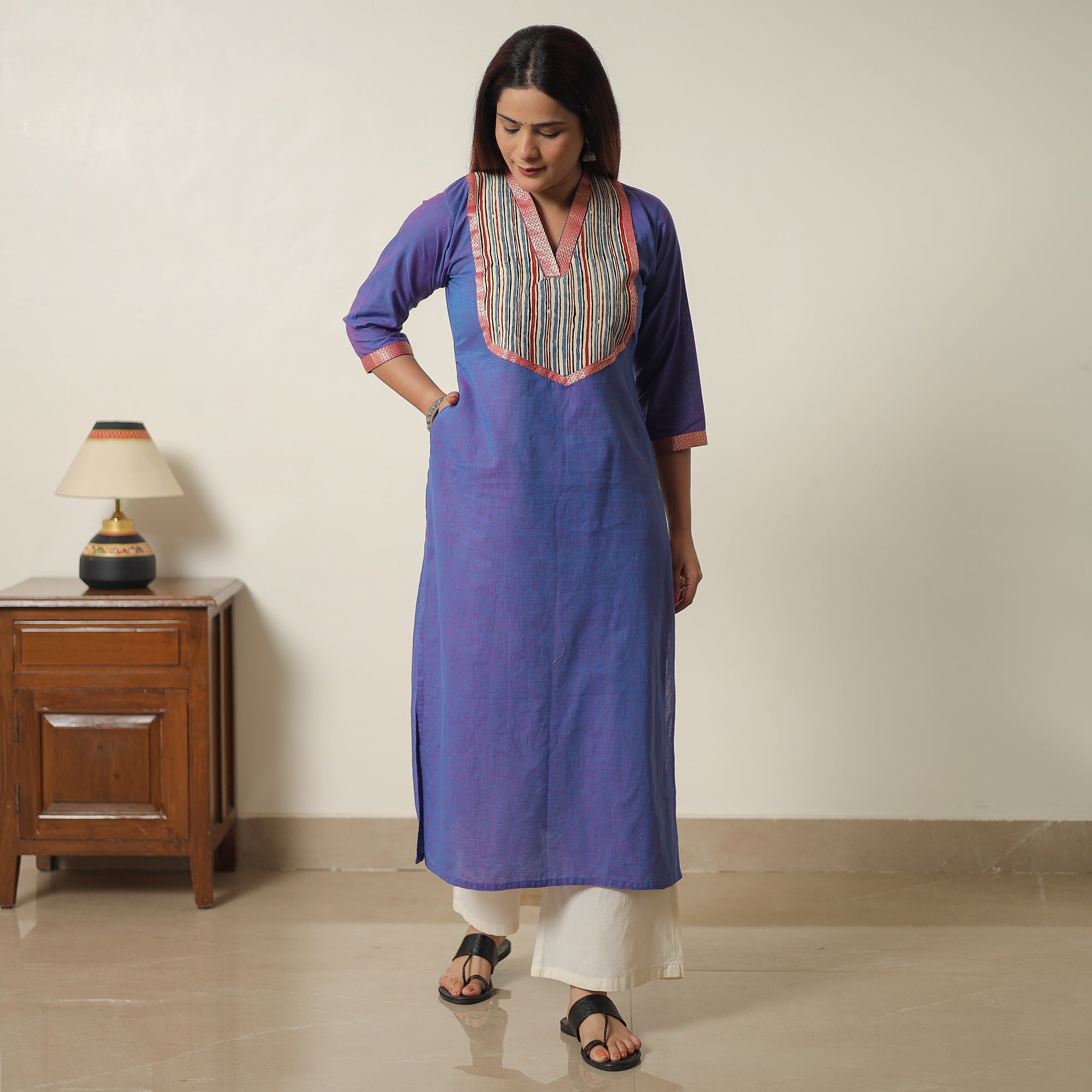 ITOKRI CASUALS Blue - Dharwad Cotton Straight Kurta with Ajrakh Patchwork 17 - view 7