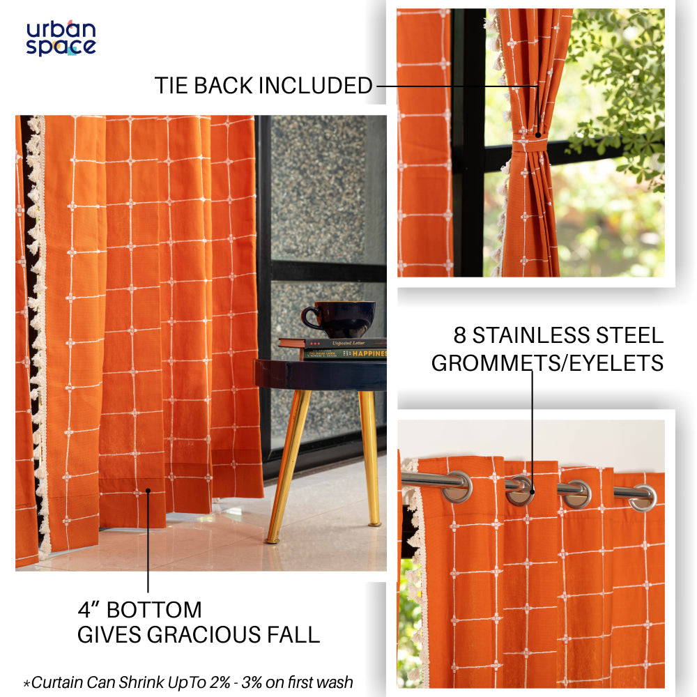 Urban Space -Home Furnishing Store Premium 100% Cotton Embroidery Curtain for Window & Door - Pack of 1 Curtain, Burnt Orange Checkers - view 4