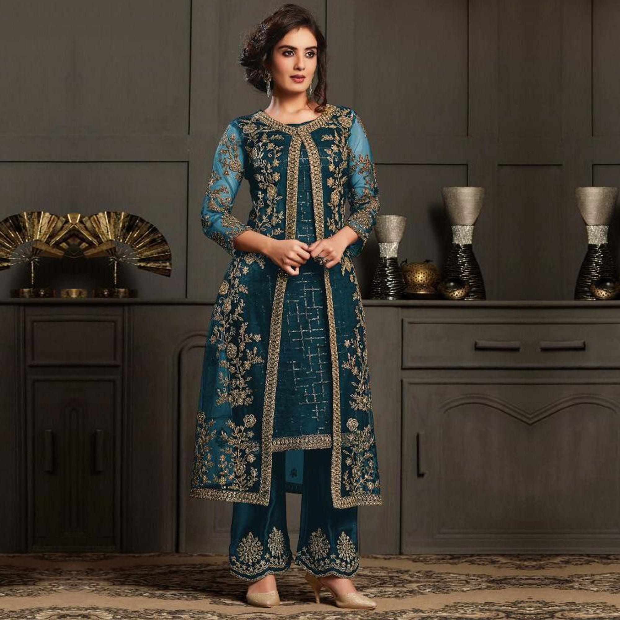 Peachmode Classy Aqua Blue Coloured Party Wear Floral Embroidered Butterfly Net Pakistani Straight Suit