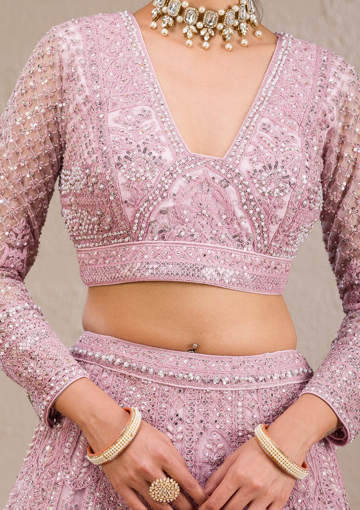 Koskii Pink Pearlwork Net Readymade Lehenga – Women's - view 7