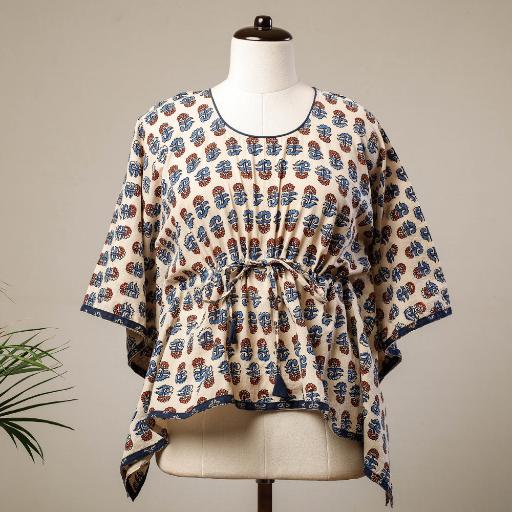 KACHCHH JI CHHAAP Beige - Ajrakh Hand Block Printed Cotton Kaftan with Tie-Up Waist (Short)