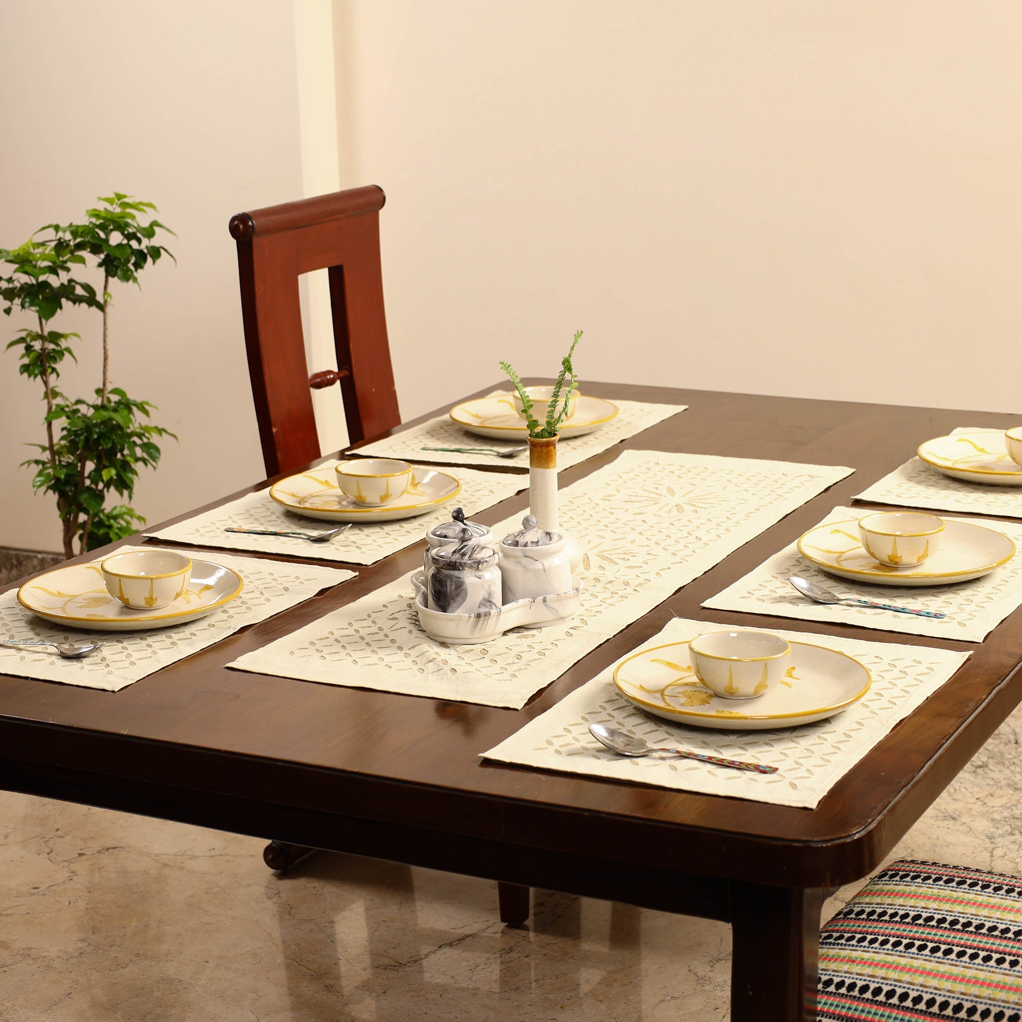 SHADES OF MARUDHARA Beige - Applique Cut Work Table Runner with Table Mat Set 42