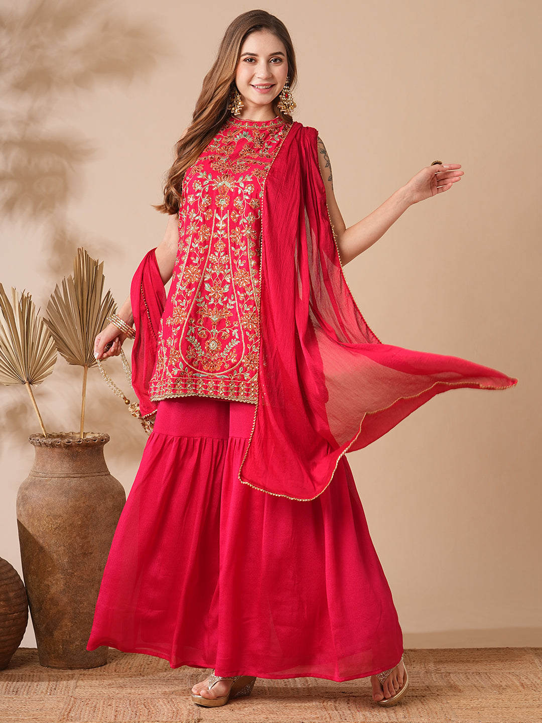 Fashor Solid Zari, Stones, Resham & Sequins Embroidered Kurti with Sharara & Dupatta - Red