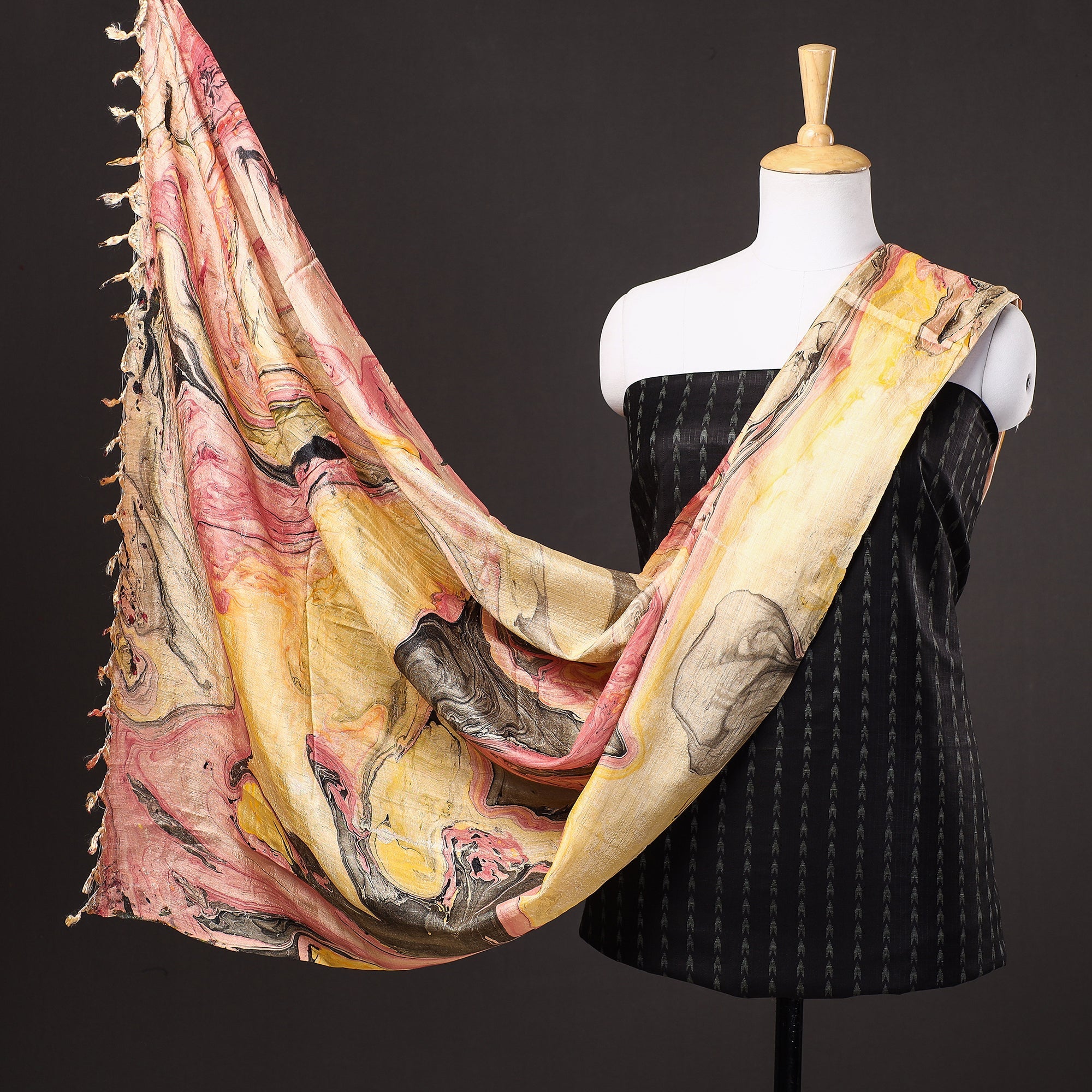 RUISA Black - 3pc Handloom Mulberry Suit Material Set with Banana Silk Marble Printed Dupatta