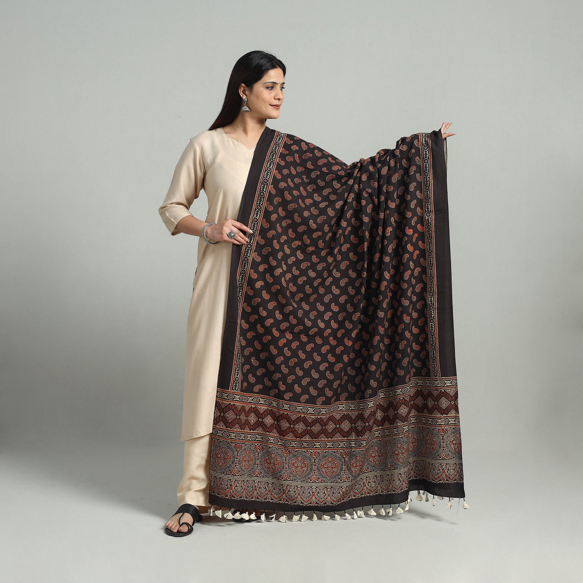 AJRAKH BY SUFIYAN ISMAIL KHATRI Black - Hand Block Printed Cotton Ajrakh Dupatta 23