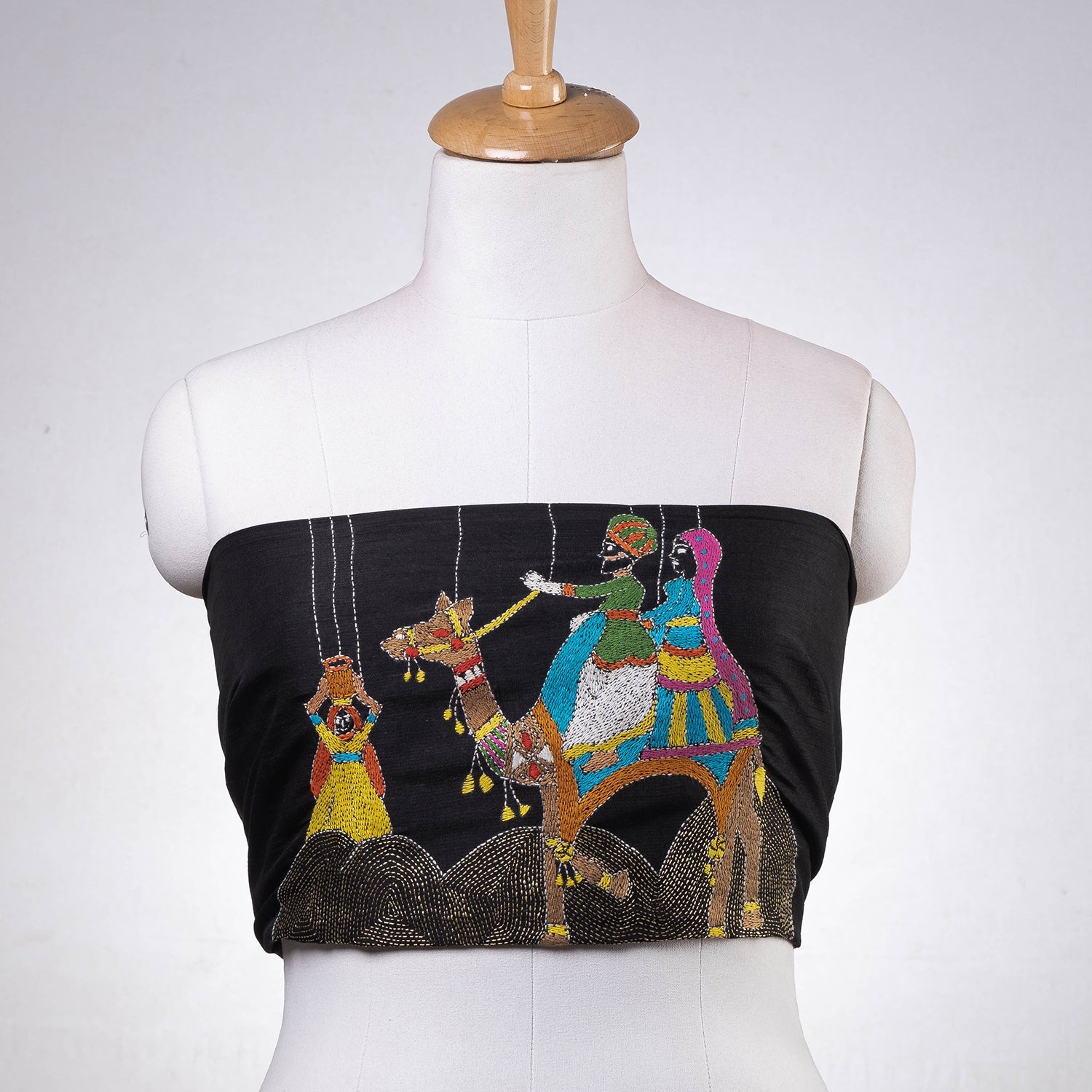 ITOKRI CRAFTS INITIATIVE Black - Bengal Kantha Embroidery Raw Silk Blouse Piece