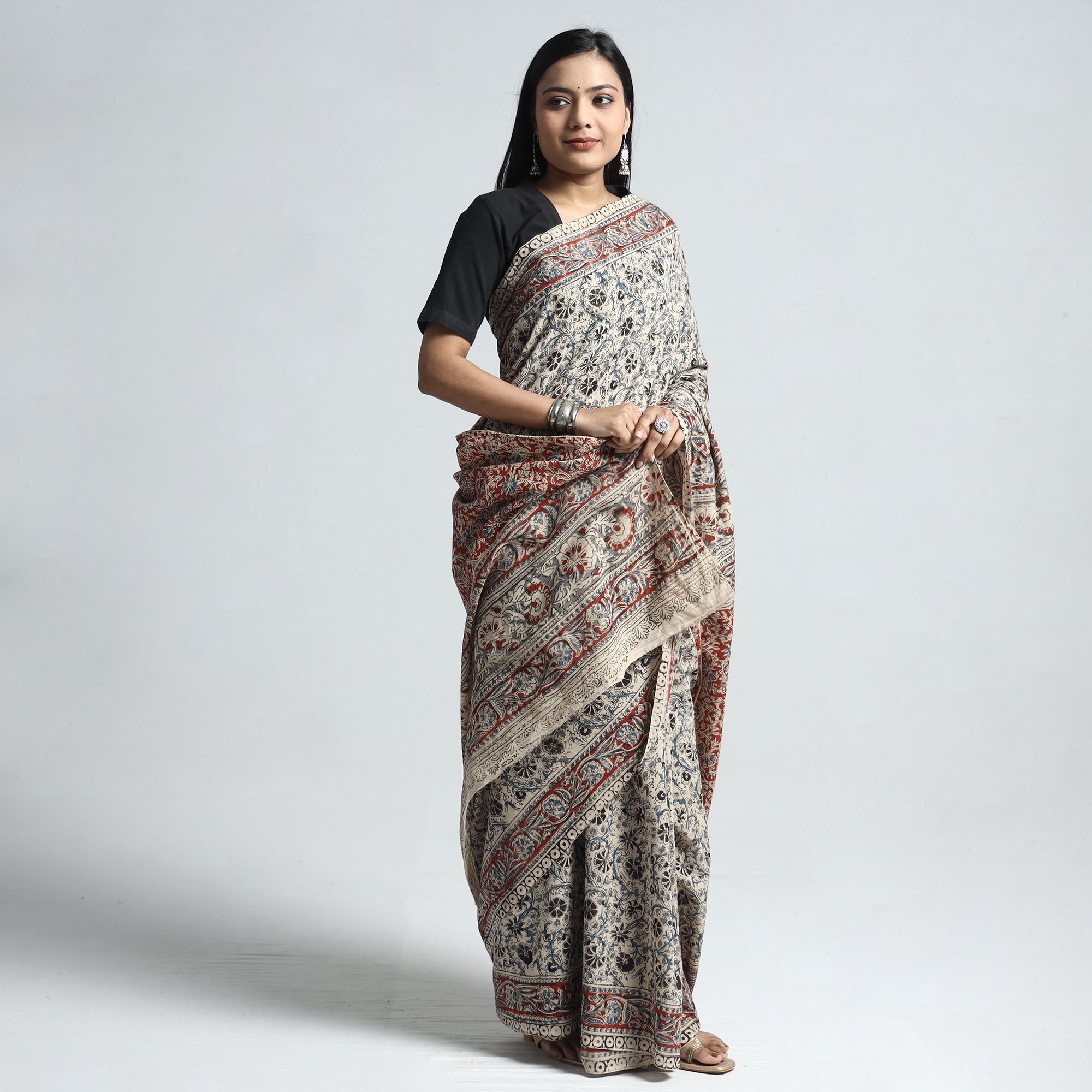 VENKATA BHANU KALAMKARI PEDANA Beige - Pedana Block Print Cotton Kalamkari Saree