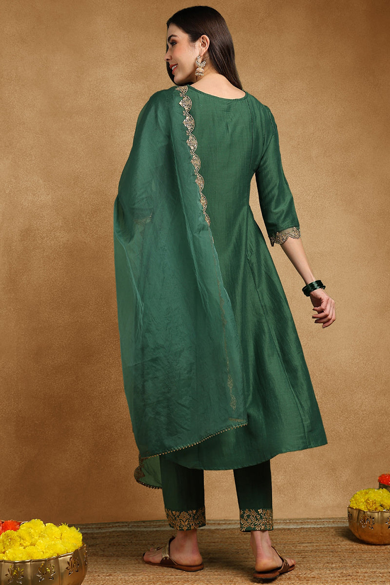 Ahika Green Silk Blend Solid Embroidered Anarkali Suit Set PKSKD2733 - view 4