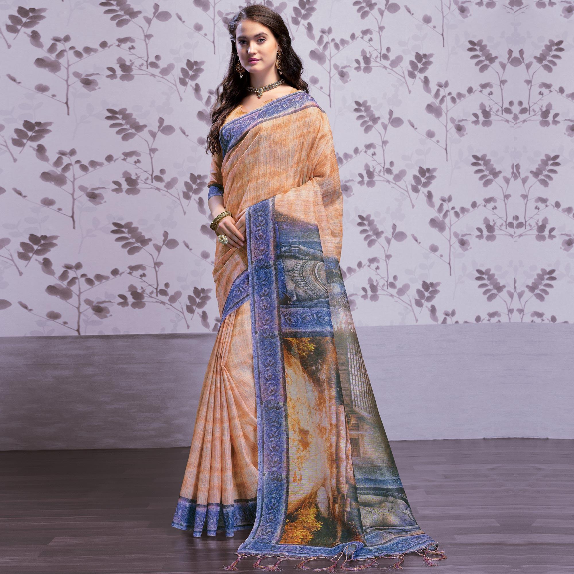 Peachmode Intricate Light Orange Colored Party Wear Printed Art Silk Saree
