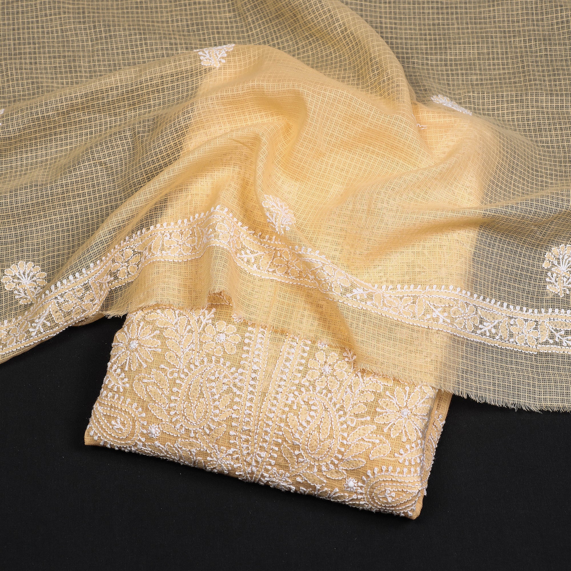 MEHARKI CHIKAN Beige - 2pc Hand Embroidery Kota Doria Chikankari Dress Material - view 2
