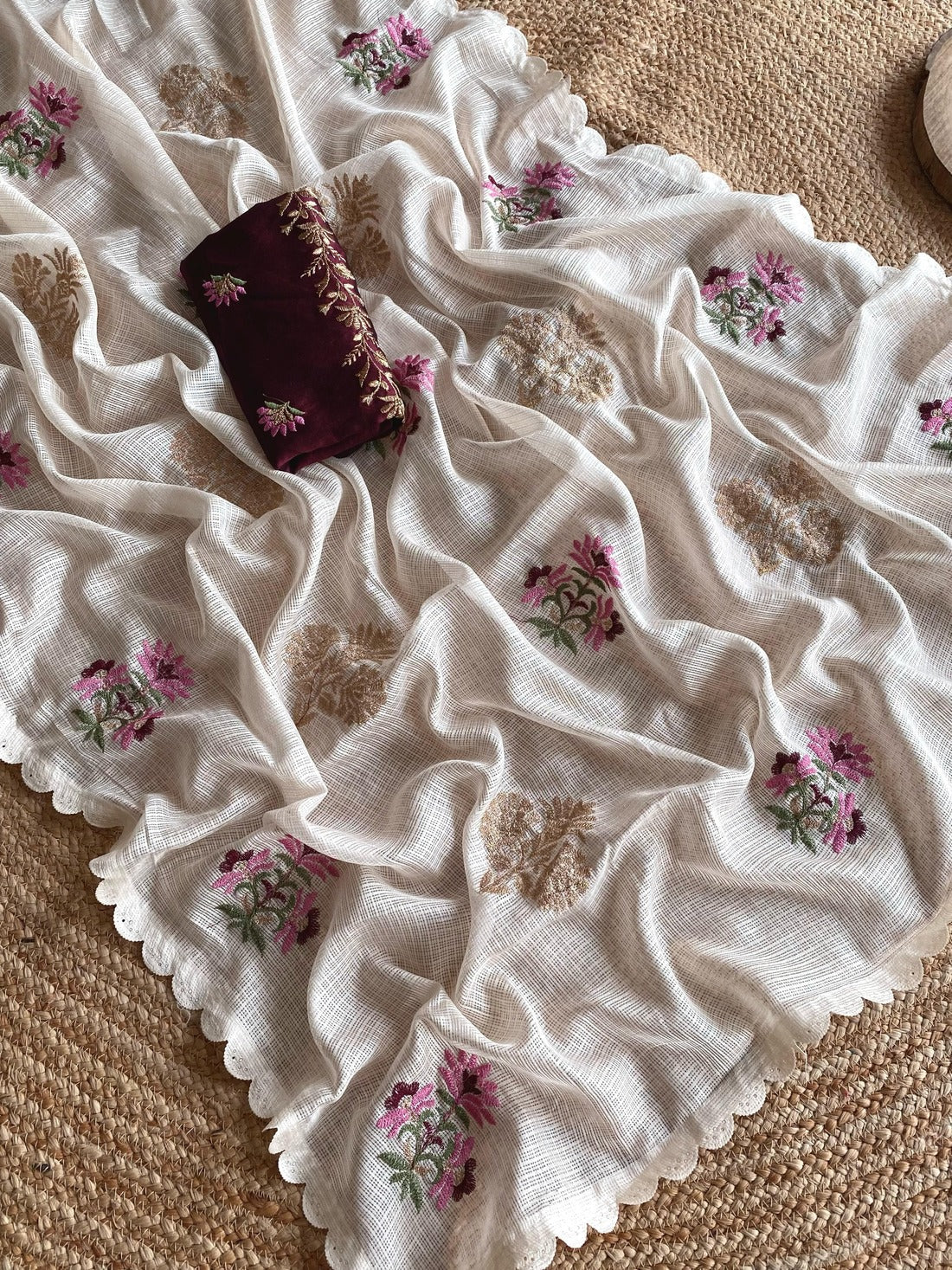 Tasrika Snappy Beige Embroidery Work Kota Doria Saree With Ethnic Blouse Piece