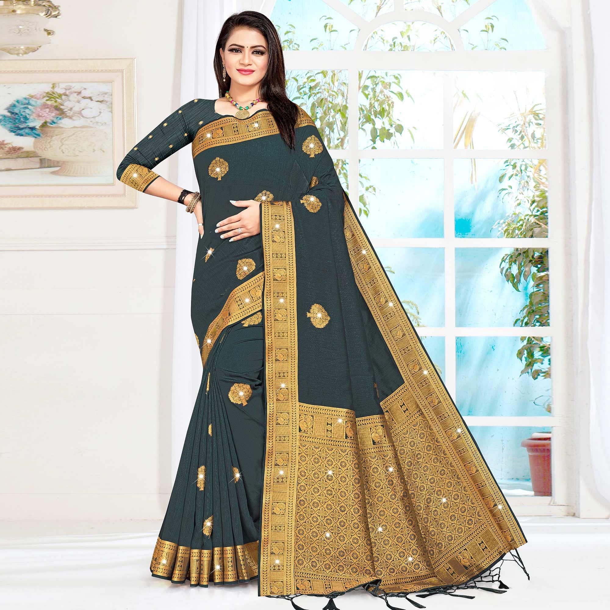 Peachmode Grey Woven With Swarovski Cotton Silk Saree With Tassels