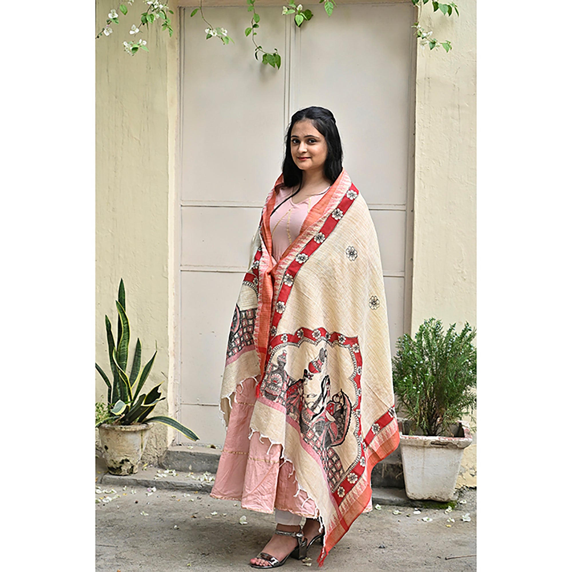 DIORAMA DESIGNS Beige - Madhubani Hand-Painted Makhan Chor Cotton Dupatta - view 3