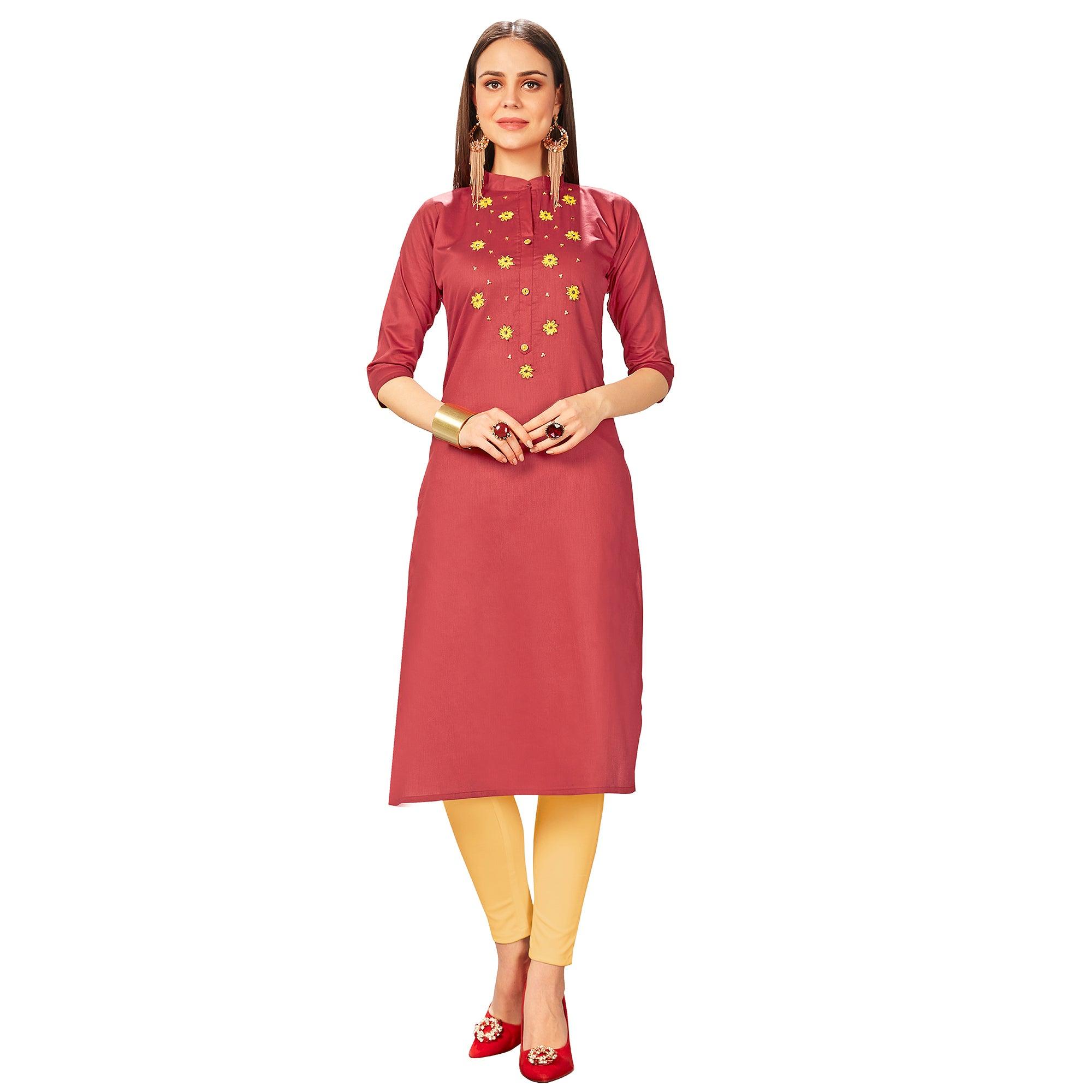 Peachmode Seller Exotic Red Colored Party Wear Embroidered Jam Cotton Silk Kurti