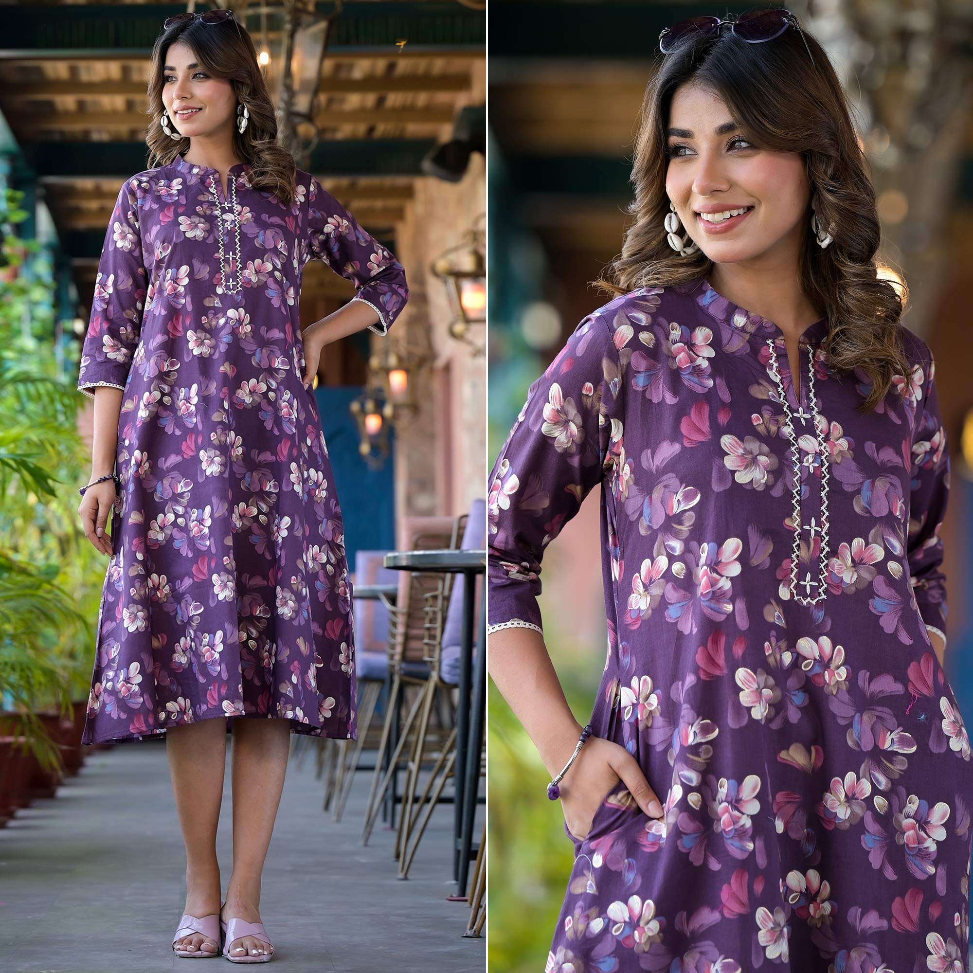 Peachmode Dark Purple Floral Foil Printed Giza Cotton A-Line Dress