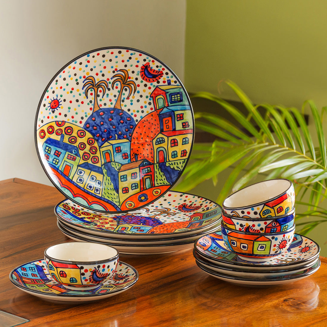 EXCLUSIVELANE 'Hut Dining' Handpainted Ceramic Dinner & Quarter Plates With Katoris (12 Pieces, Serving for 4)