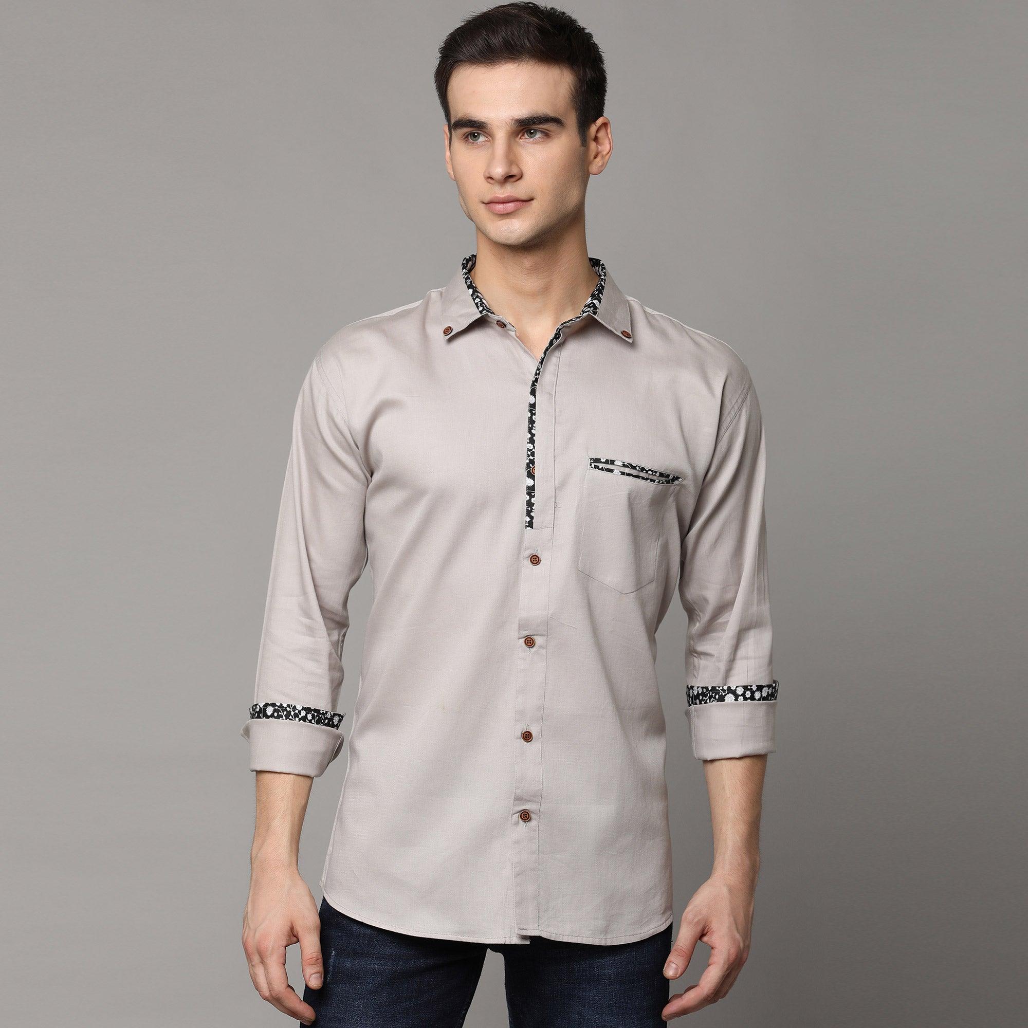 Peachmode Light Grey Solid Pure Cotton Men's Shirt