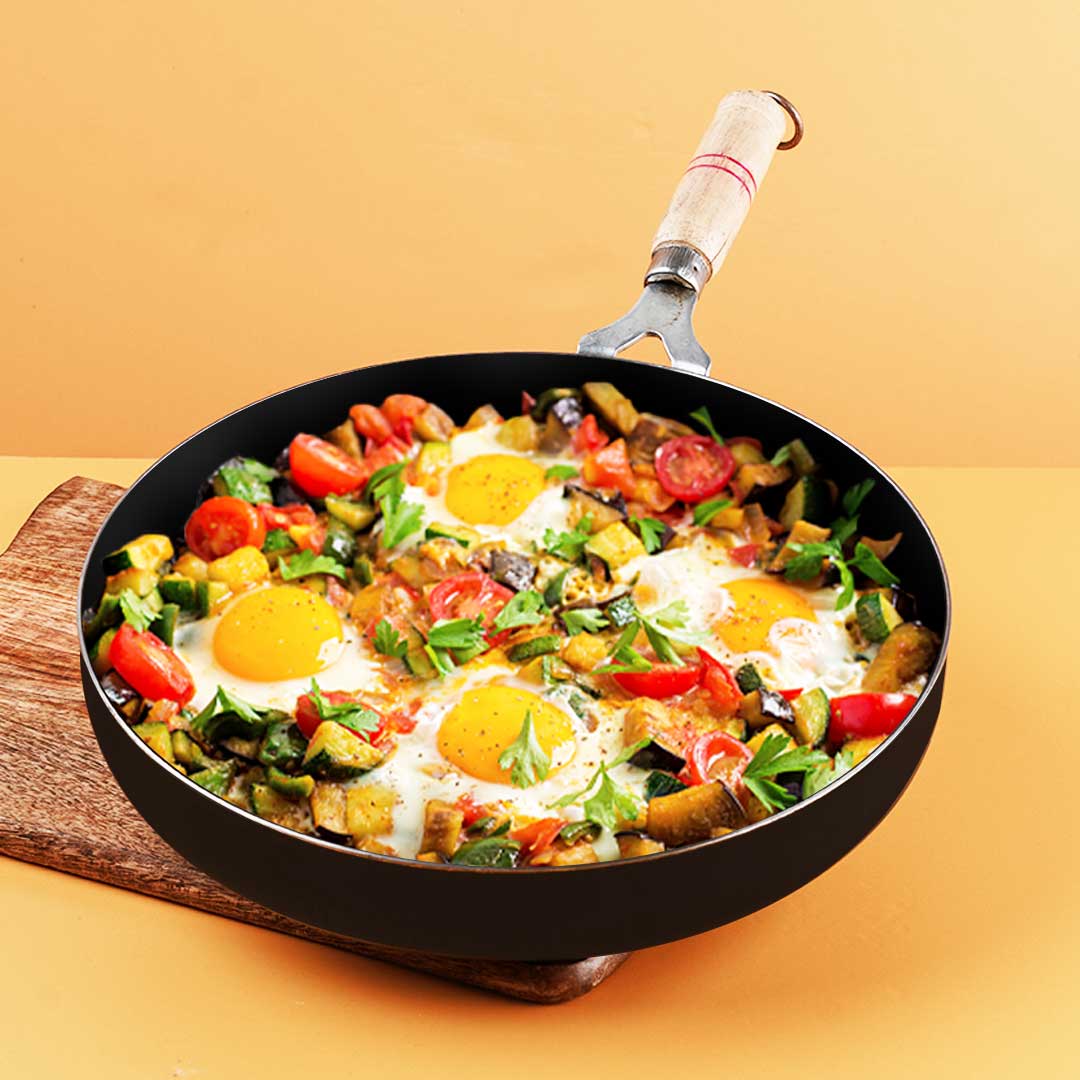 The Indus Valley 100% Pure Sheet Iron Fry Pan with Wooden Handle, Seasoned, Toxin-free, Induction, 16.5/25.4/30.4 cm