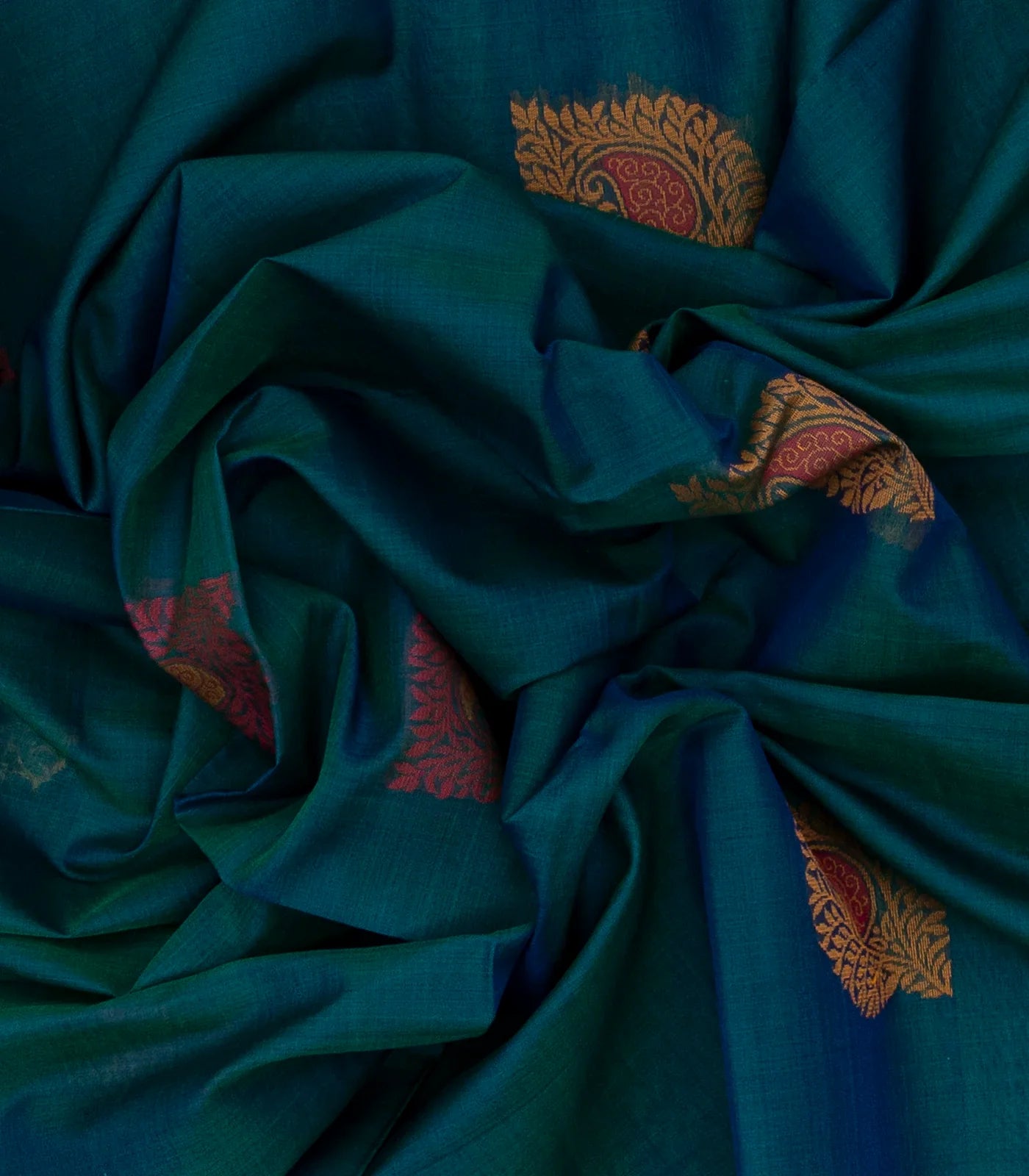 RmKV Teal Handloom Kora Silk Cotton Saree With Buttas & Hot Pink Pallu - view 3