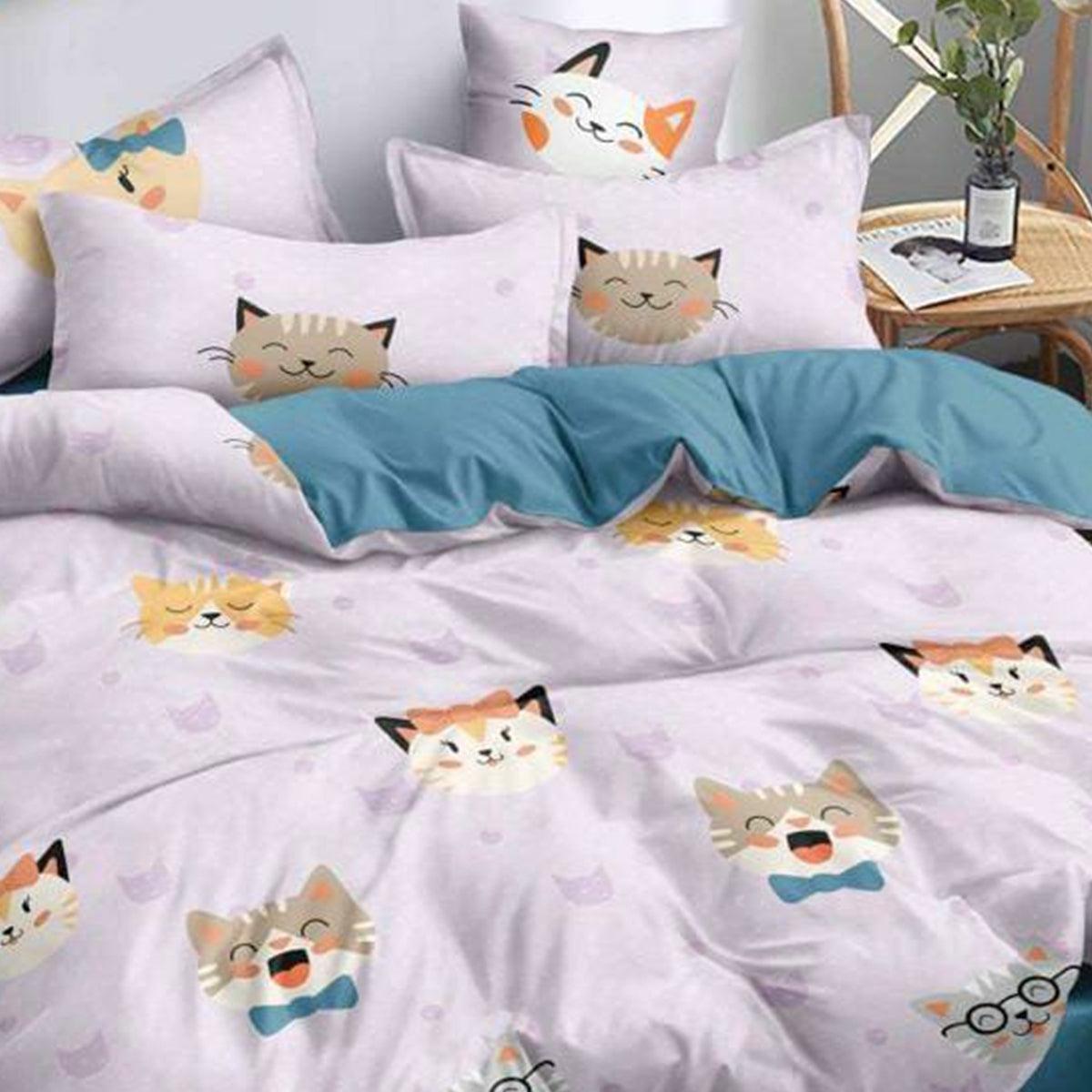 Peachmode Light Pink Cat Printed Kids Bedsheet With Pillow Cover - view 2